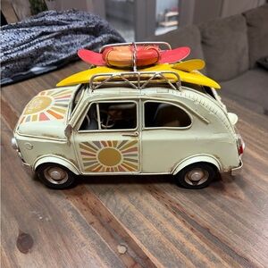 Boho home decor. Vintage Style Cream Car Model with Surfboards